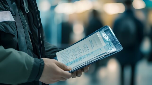 Close up view of an airport customs officer carefully inspecting a traveler s documents and identification during the border control and security verification process