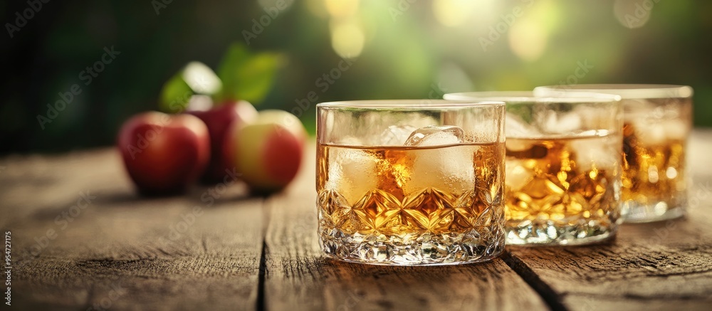 Poster closeup of glasses filled with delicious apple juice on the table. with copy space image. place for 