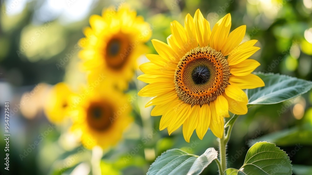 Poster bright yellow sunflower in a garden