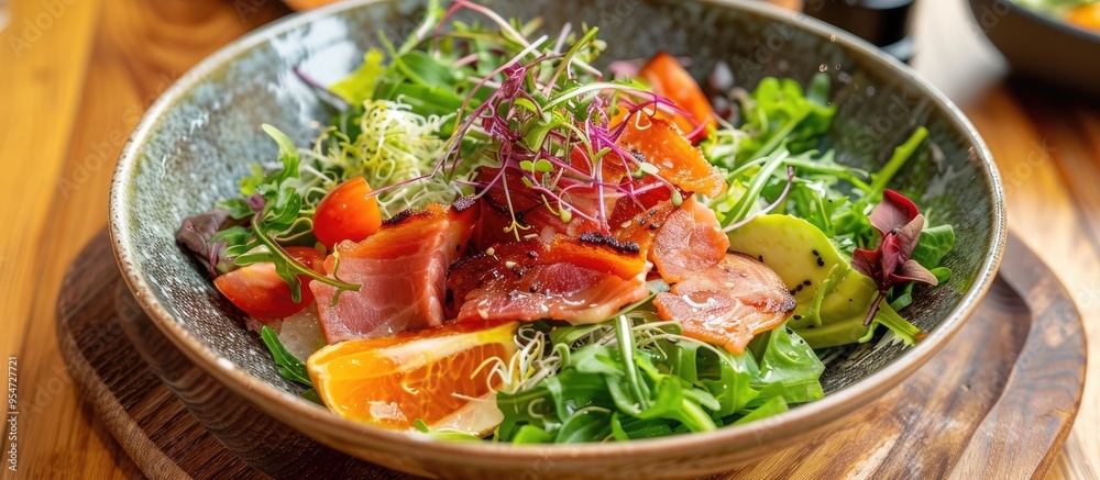 Poster salad with smoked salmon and bacon on a white plate placed on a wooden table with copy space