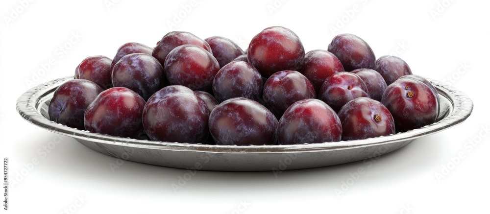 Poster ripe plums on a metal plate isolated against a white background. with copy space image. place for ad