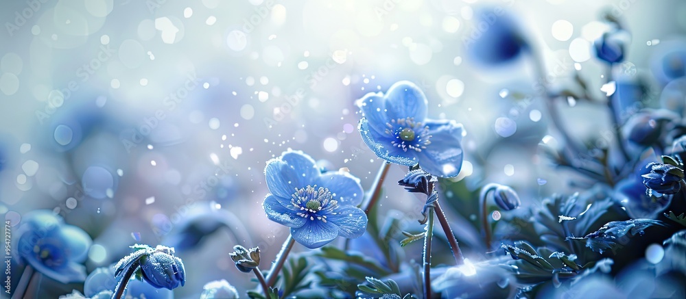 Poster Close up of a Blue Flower of Glory of the Snow set against a softly blurred background of a blooming field Concept Springtime. with copy space image. Place for adding text or design
