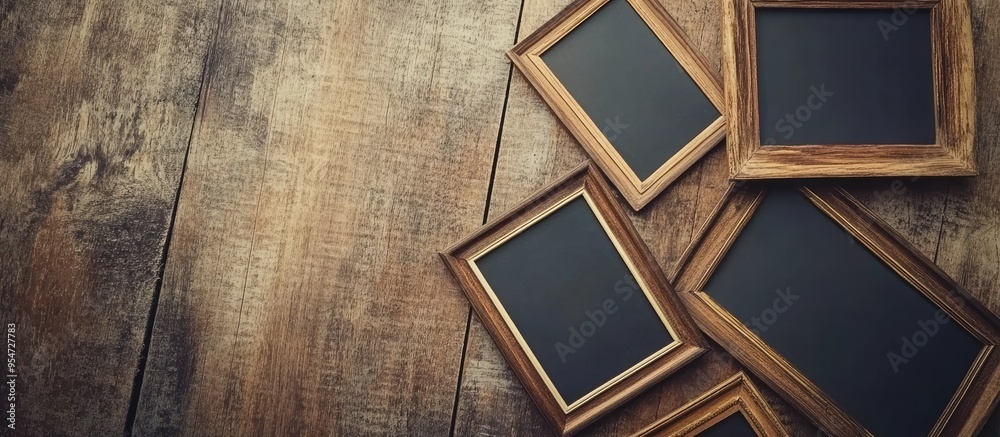 Poster retro vintage empty photo frames on an old wooden background top view with copyspace toned concept