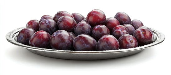 Obraz premium Ripe plums on a metal plate isolated against a white background. with copy space image. Place for adding text or design