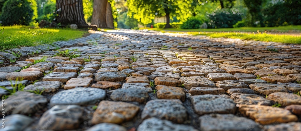 Poster asphalt road adjacent to a garden path constructed from natural stone and paved with rough rocks in a park featuring a green lawn the decorative path showcases an abstract pattern