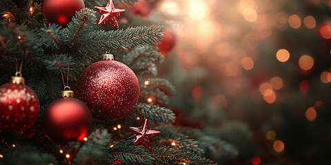 Christmas holiday  background of decorated tree with red ornaments, baubles and stars with copy space.