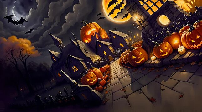 Generative AI. Helloween dynamic motion background, a lot of scary pumpkins and candles. Dramatic moonlight sky at cemetary, 