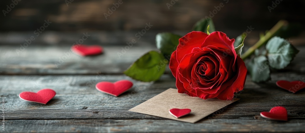 Aufkleber red rose hearts and card for congratulations on a wooden backdrop greeting card suitable for valenti
