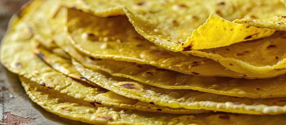 Poster a pile of corn tortillas set against a white background. with copy space image. place for adding tex