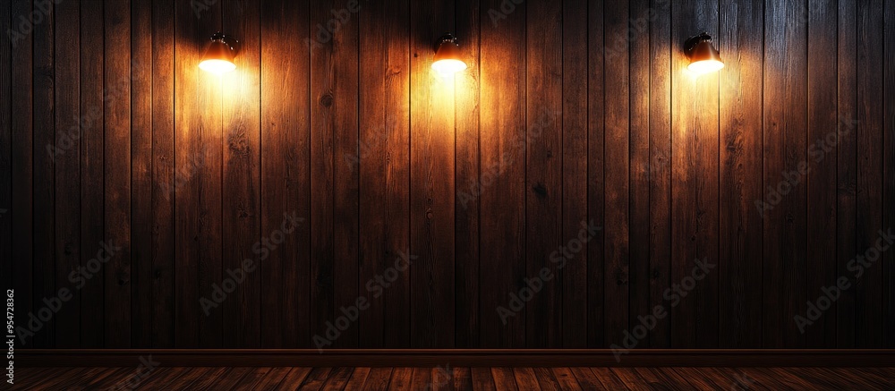 Poster a vacant wooden dark wall illuminated by warm lights from a lamp the wall features a wooden pattern 