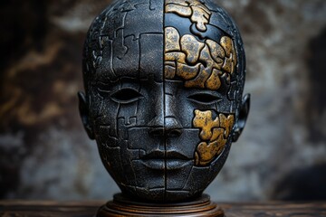 Psychodynamic theory Logic Abstract sculpture of a human head with metallic puzzle pieces exploring the fusion of art and intellect through the reconstruction of identity
