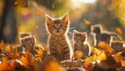 Obraz premium Fluffy Kittens Playing in Autumn Leaves, Bathed in Soft Sunlight