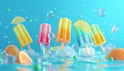Assorted Colorful Ice Pops and Melting Ice Cubes on Vibrant Blue Background, Summer Treats
