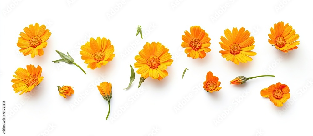 Leinwandbilder top view of orange calendula flowers isolated on white calendula officinalis. with copy space image.