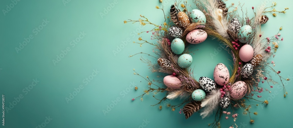 Fototapete lovely easter wreath adorned with eggs and feathers on a green wall. with copy space image. place fo