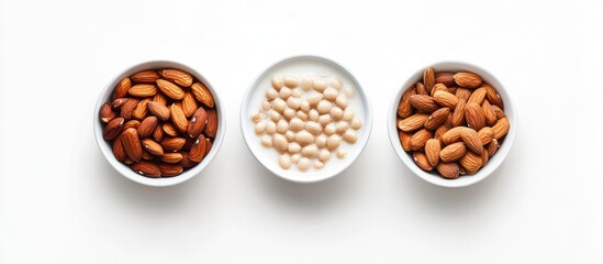 Good sources of protein include milk almonds and boiled beans on a white background. with copy space image. Place for adding text or design