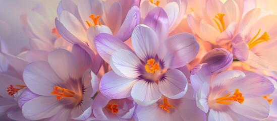 Fototapeta premium delicate crocuses set against a white background. with copy space image. Place for adding text or design