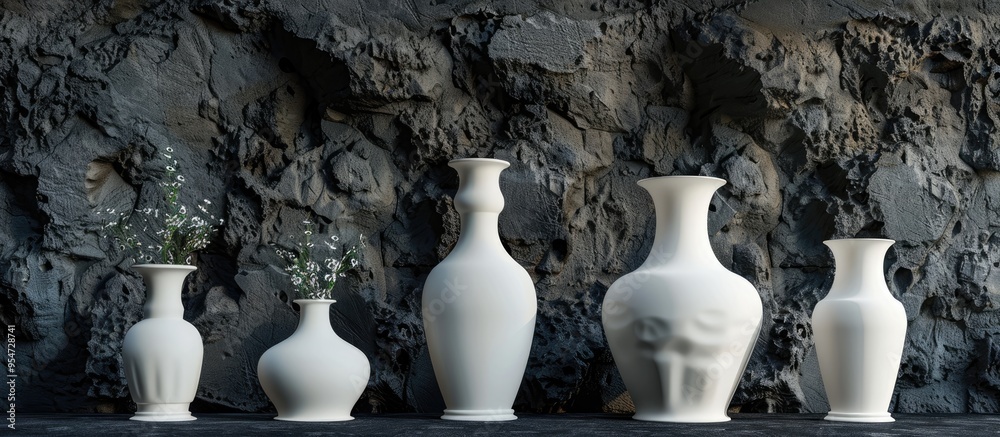 Aufkleber antique style white vases against a backdrop of black volcanic stones. with copy space image. place 
