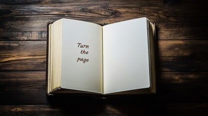An image of a book open to blank pages with the phrase 'Turn the page', set on a wooden table, embodying themes of renewal and new beginnings within a serene and rustic environment.