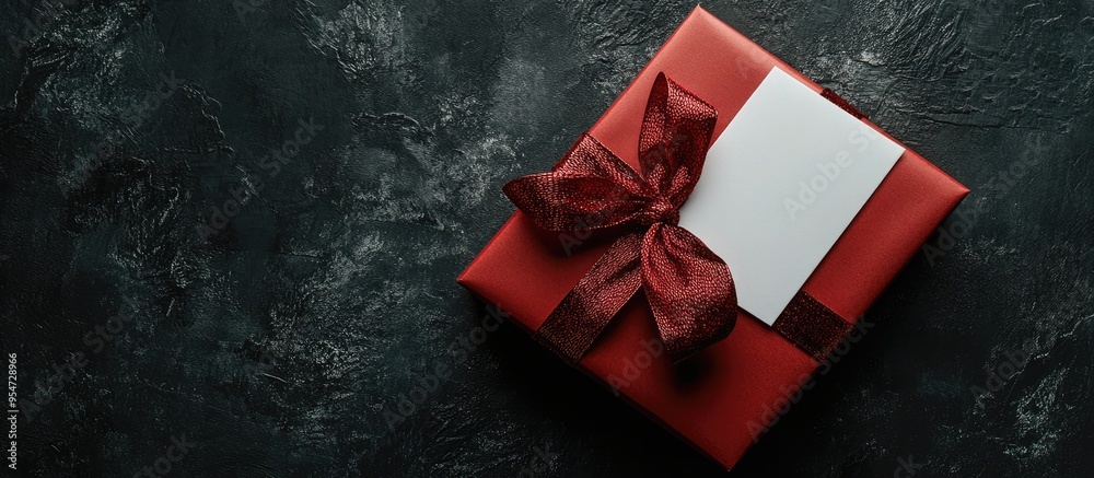 Poster red gift box with a white blank card on a dark backdrop christmas scene top view copyspace available