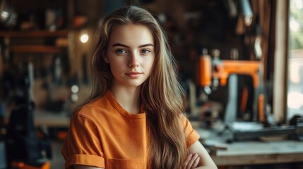 Portrait of a young woman in a workshop