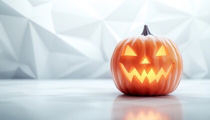 Smiling Jack-O'-Lantern on White Geometric Background in Bright Lighting