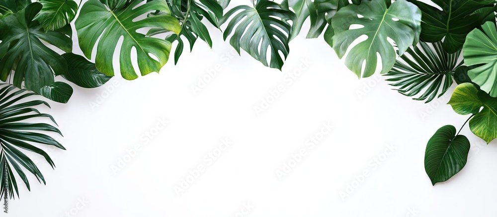 Poster Tropical tree leaves with branches on a white isolated background create a green foliage backdrop. with copy space image. Place for adding text or design