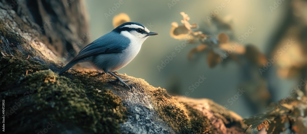Poster White Breasted Nuthatch bird in its habitat. with copy space image. Place for adding text or design