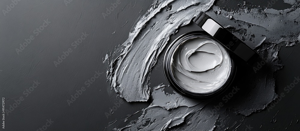 Aufkleber An open cosmetic jar set against a backdrop of smeared cream or a cosmetic face mask Purifying and hydrating clay mask Top view flat lay. with copy space image. Place for adding text or design