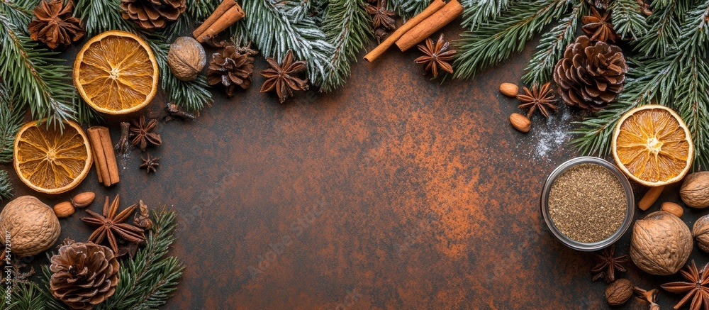 Aufkleber christmas backdrop featuring fir branches spices nuts and dried orange slices vertical top view with