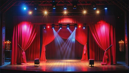  show stage with red curtains are opening with spot light