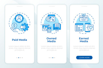 Digital media trifecta blue onboarding mobile app screen. Walkthrough 3 steps editable graphic instructions with linear concepts. UI, UX, GUI template. Montserrat SemiBold, Regular fonts used
