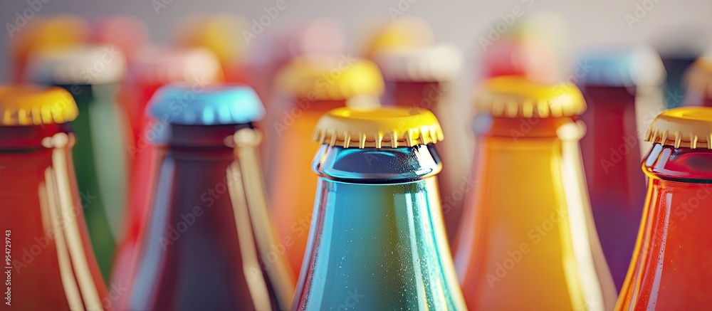 Poster colorful beer bottle necks in close up with selective focus and copy space