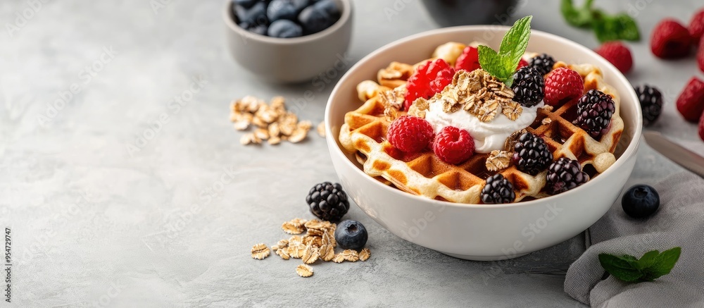 Leinwandbilder breakfast table featuring waffles granola and fresh berries. with copy space image. place for adding