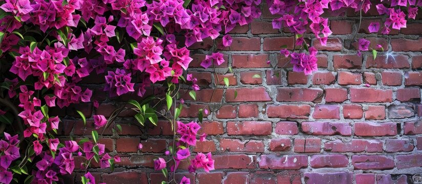 Bougainvillea buganvilla blossoms on a brick wall create a vibrant background texture with blooming flowers and copy space
