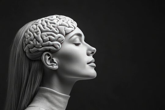 Neuroimaging Logic Woman in profile with a 3D brain overlay symbolizing mental clarity intellectual prowess and the serene power of a focused mind