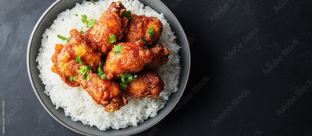 Aufkleber deep fried chicken served with rice. with copy space image. Place for adding text or design