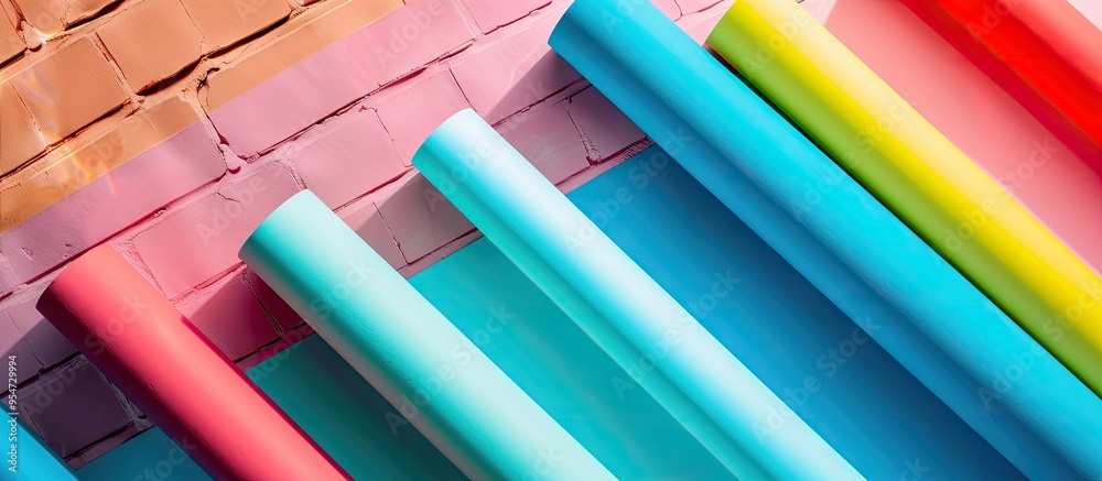 Poster top view of three paper tubes in lush lava aqua menthe and phantom blue colors set against a white b