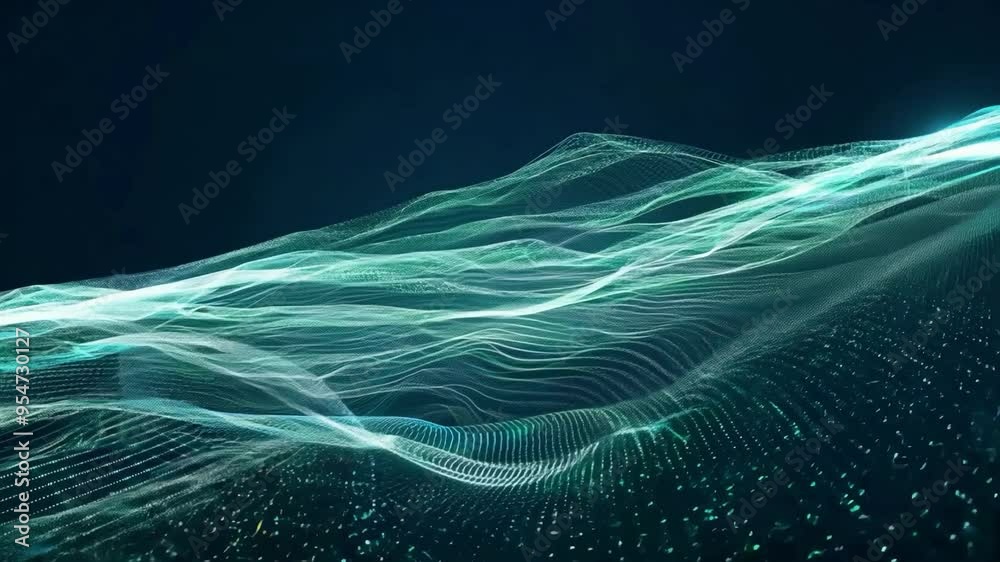 Poster dynamic abstract visualization of flowing lines and particles against a dark background in a mesmeri