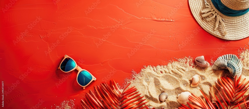 Poster Beach accessories on a red background arranged in a flat lay Room for text. with copy space image. Place for adding text or design