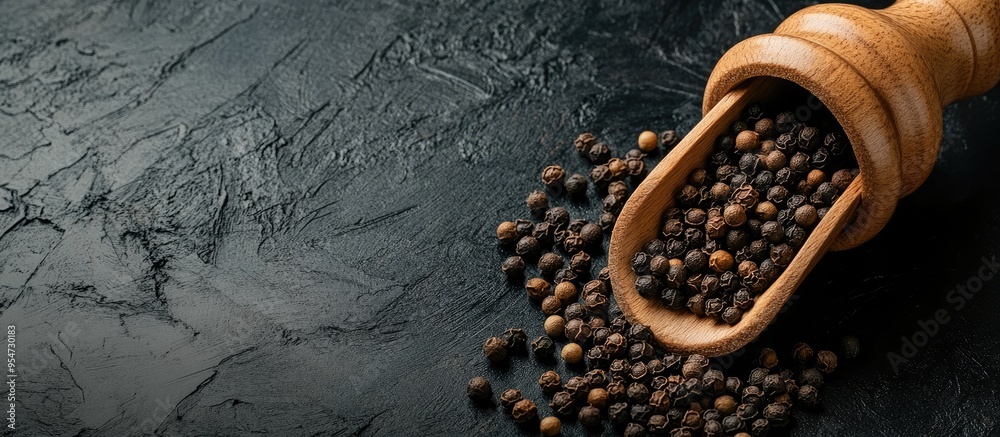 Poster Pepper mill and whole pepper in a wooden scoop on a black table. with copy space image. Place for adding text or design