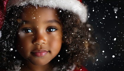 cheerful child in a Santa hat, beaming with joy on snowy Christmas 