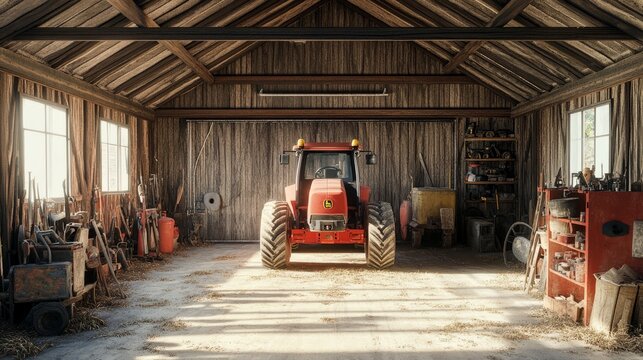 Red tractor parked inside a wooden barn surrounded by farming tools on a sunny day, highlighting agricultural equipment and rural lifestyle.
