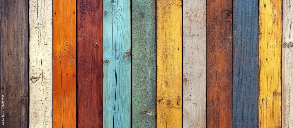 Poster wooden wall painted in various colors interior feature. with copy space image. place for adding text