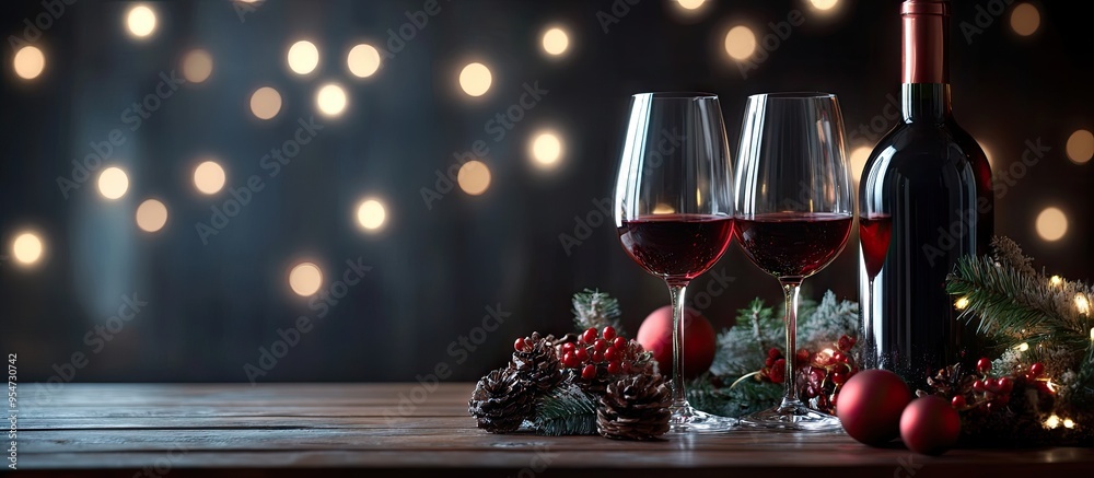 Poster bottle and glasses of red wine holiday decorations. with copy space image. place for adding text or 