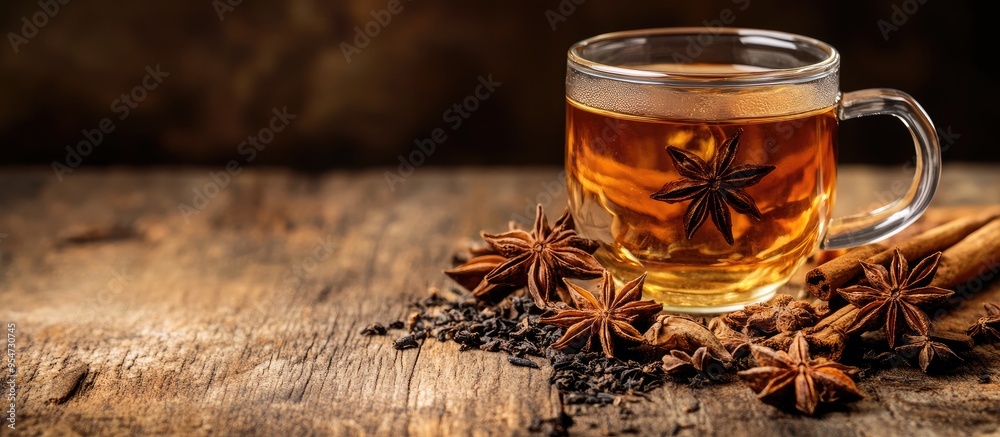 Aufkleber Aromatic tea with anise stars on a wooden table Room for text. with copy space image. Place for adding text or design