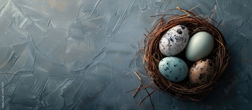Aufkleber Close up of Easter eggs in a nest against a grey background Top view. with copy space image. Place for adding text or design