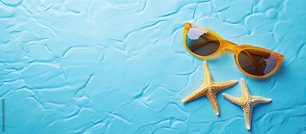 Poster summer backdrop sunglasses with starfish on a blue surface. with copy space image. Place for adding text or design
