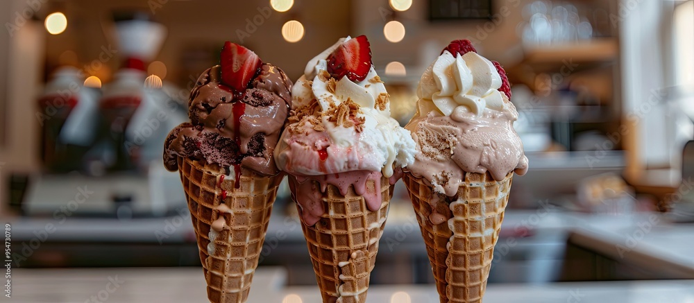 Poster A selection of ice cream scoops in cones featuring chocolate vanilla and strawberry flavors. with copy space image. Place for adding text or design