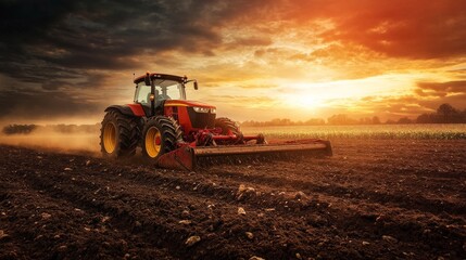 Obraz premium Red tractor working on a vast field during sunset, creating a dramatic scene with vibrant colors and powerful farming equipment.